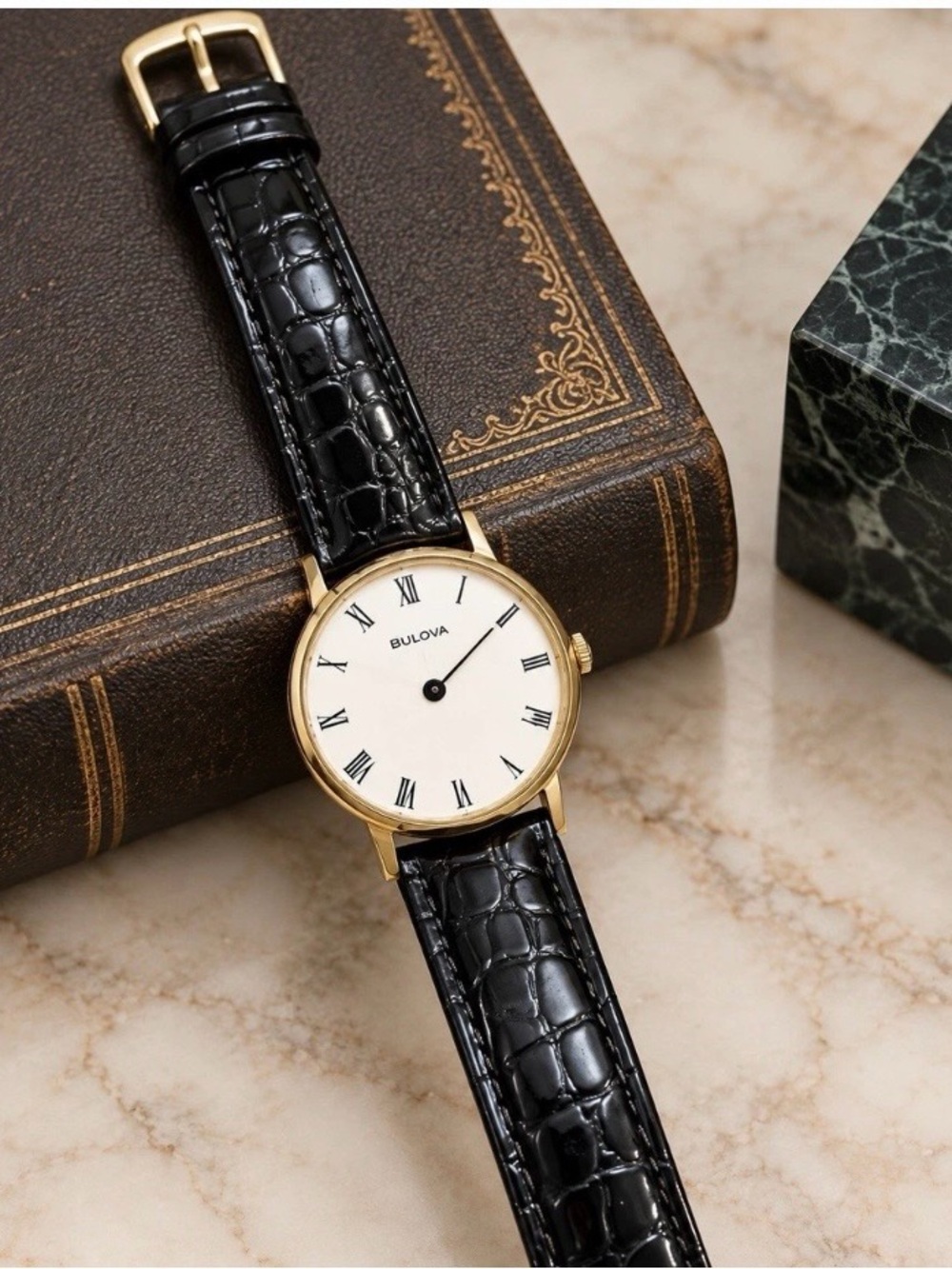 Vintage Bulova Men’s Gold Case Watch with Black Croc Leather Strap